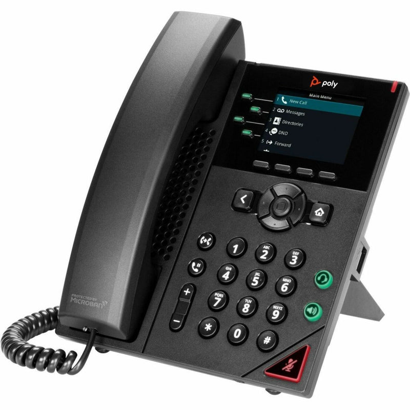 Side view of Poly VVX 250 IP phone showing desktop stand and connectivity ports