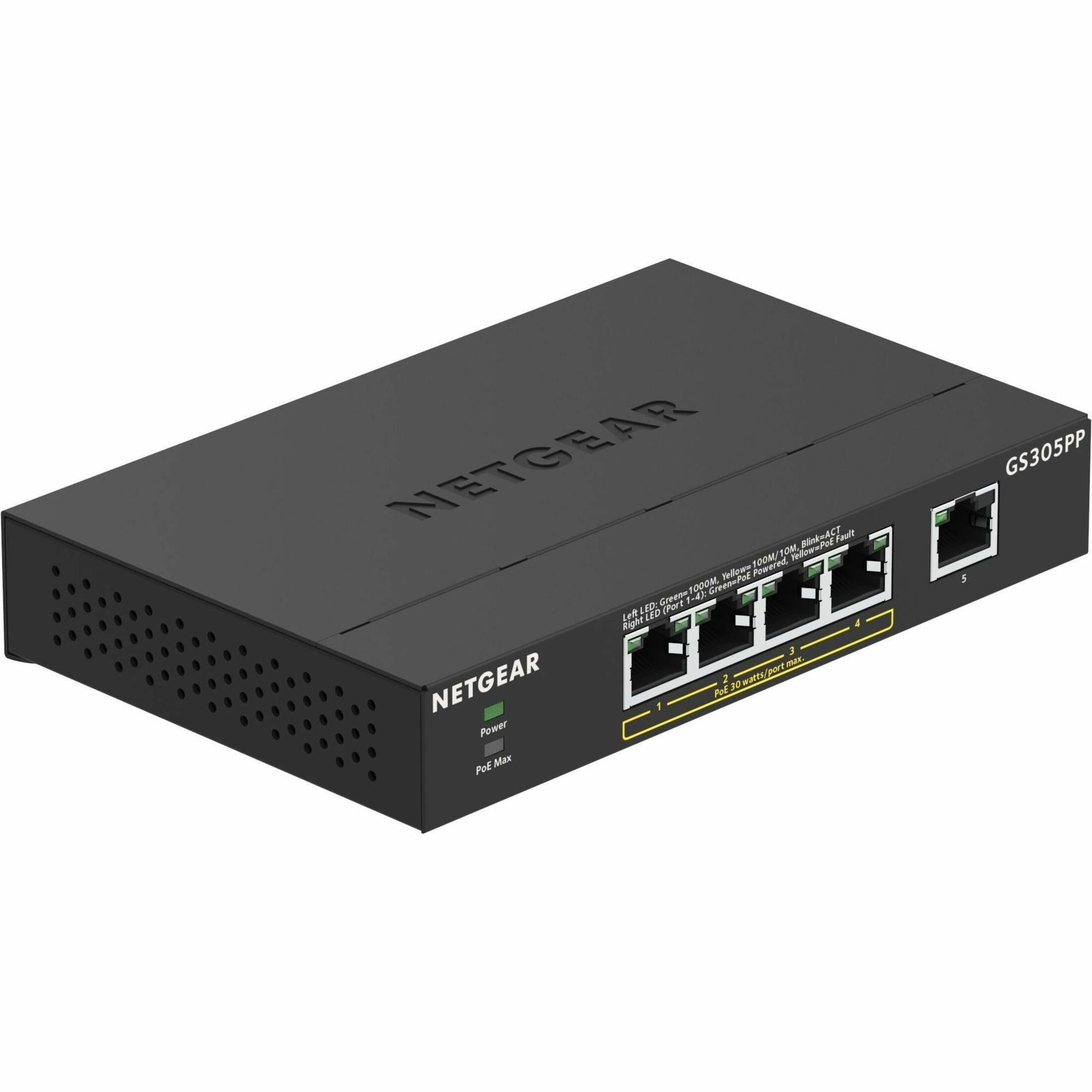 Front angled view of NETGEAR GS305PP 5-port Gigabit Ethernet switch with PoE+ capability showing ports and status indicators-alternate-image1