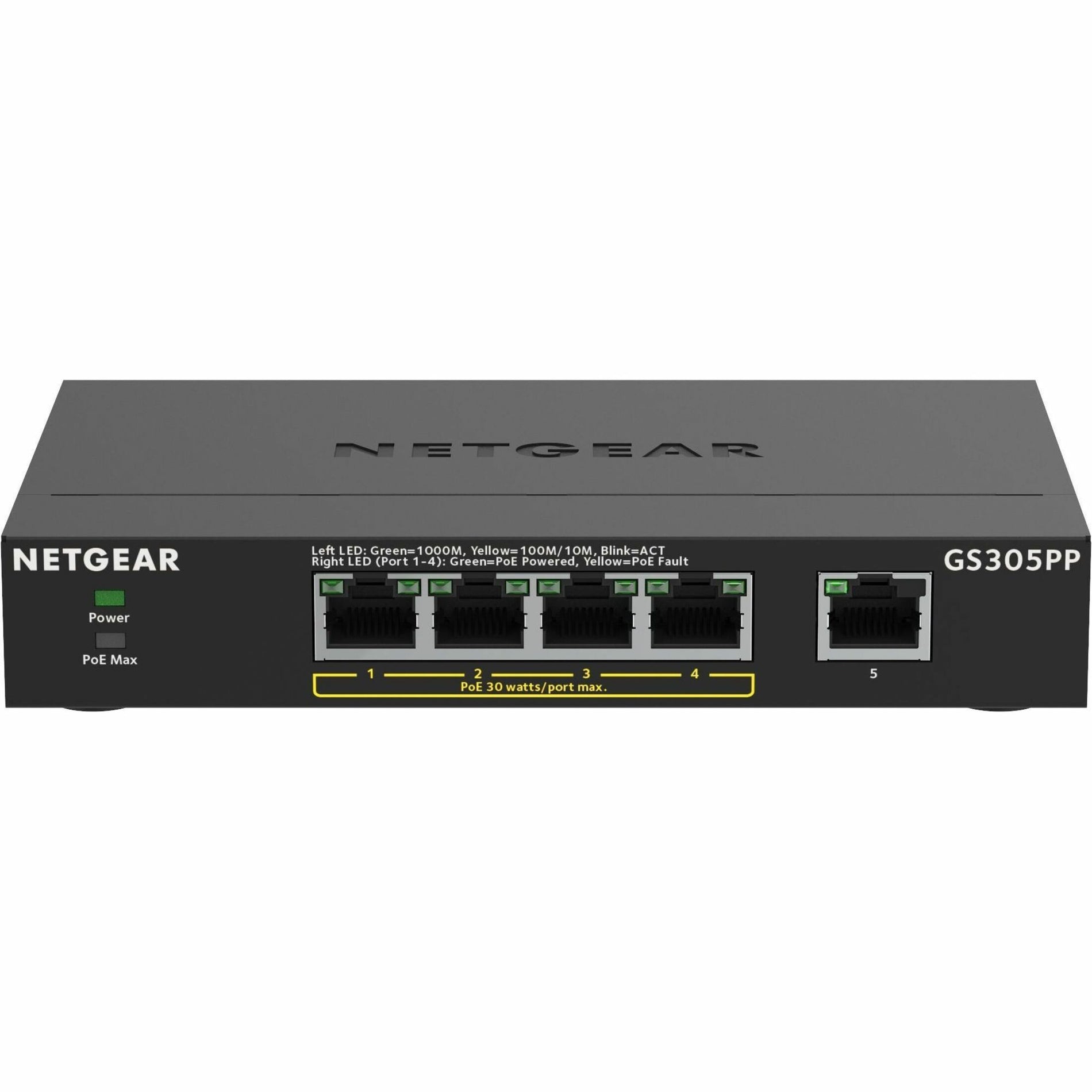 Front view of NETGEAR GS305PP switch showing LED status indicators and 5 Gigabit Ethernet ports-alternate-image2