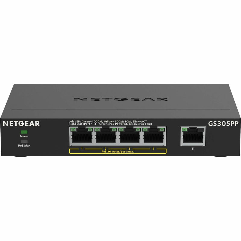 Front view of NETGEAR GS305PP switch showing LED status indicators and 5 Gigabit Ethernet ports