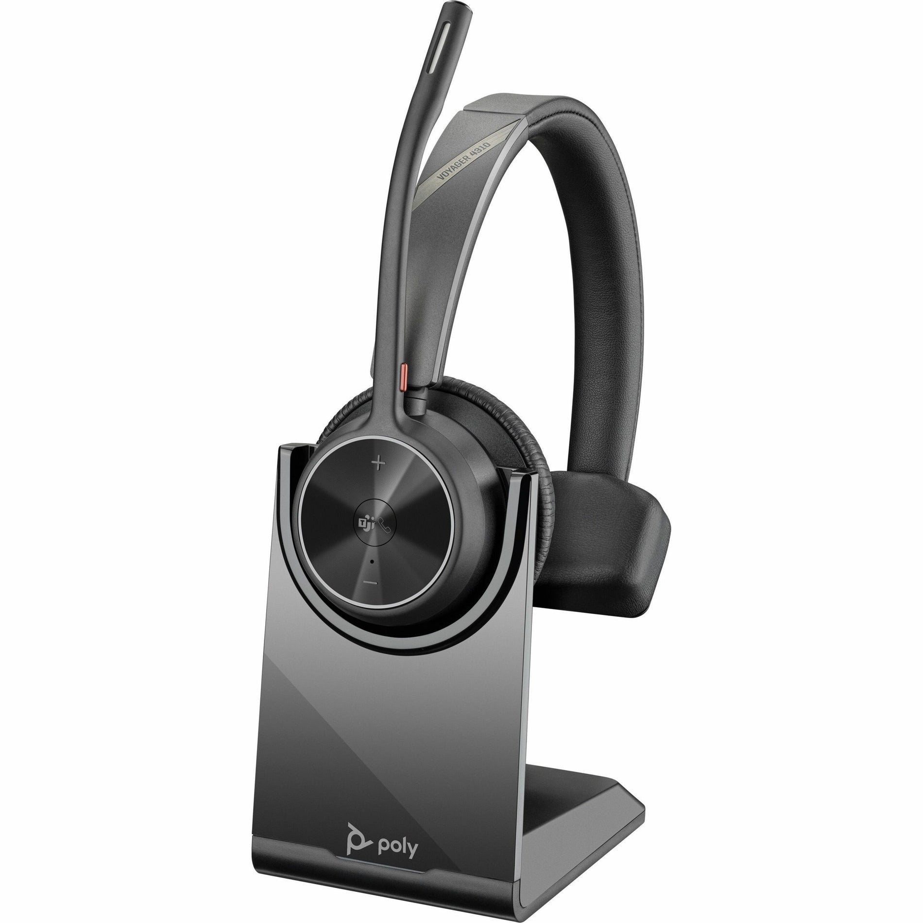 Poly Voyager 4310 UC headset on charging stand showing desktop setup-alternate-image4