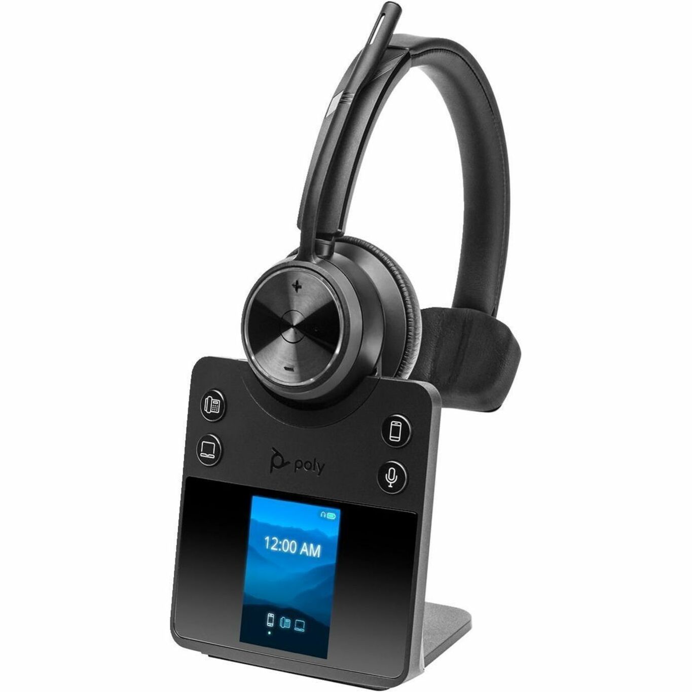 Poly Savi 7400 Office 7410 wireless headset with charging base station featuring color display and multi-device connection controls-alternate-image1