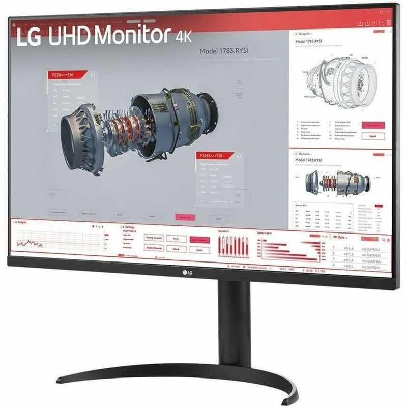 LG 32-inch monitor displaying 3D engineering model with technical specifications