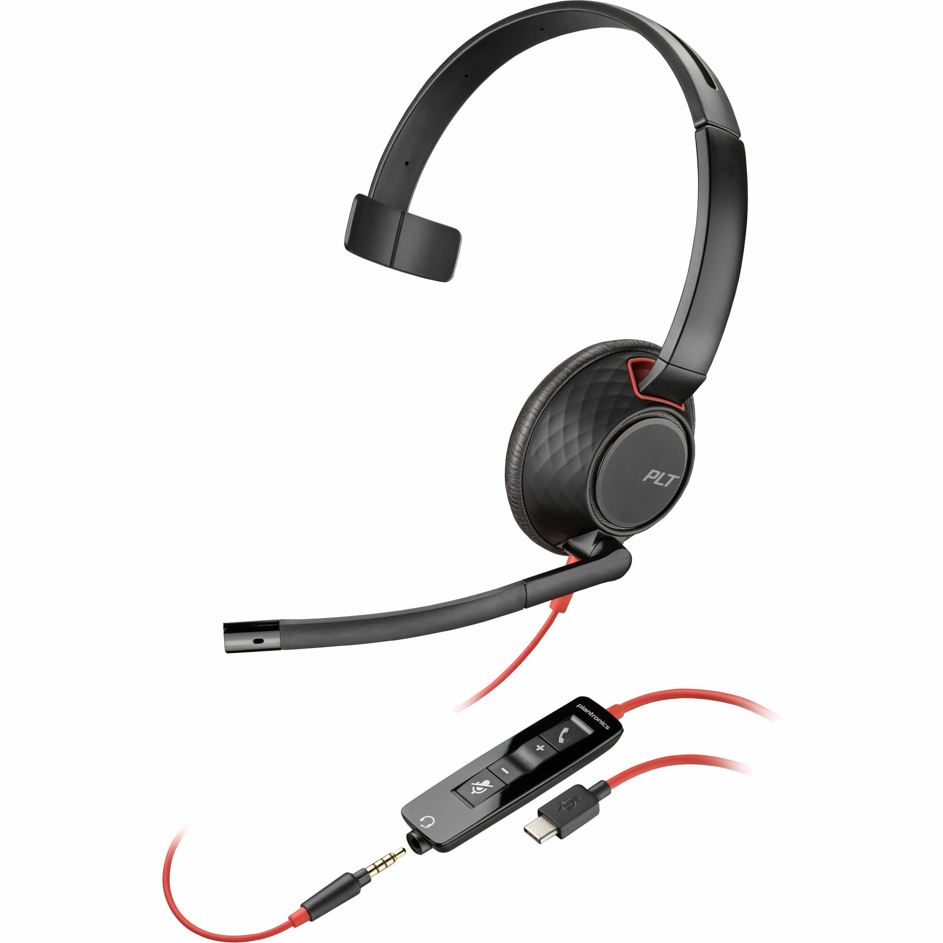 Poly Blackwire C5210 USB-C monaural headset with boom microphone and inline controller featuring red accent cable-alternate-image1