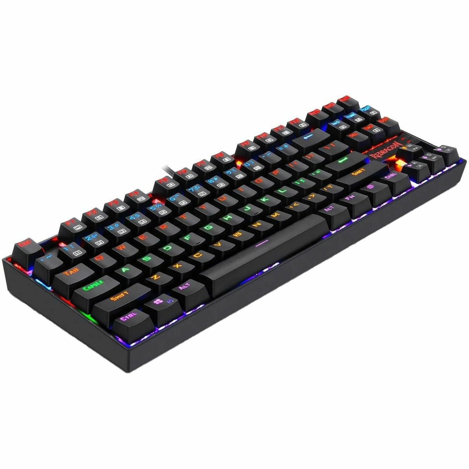 Angled view of Redragon K552-R keyboard showcasing RGB lighting effects and compact design-alternate-image3