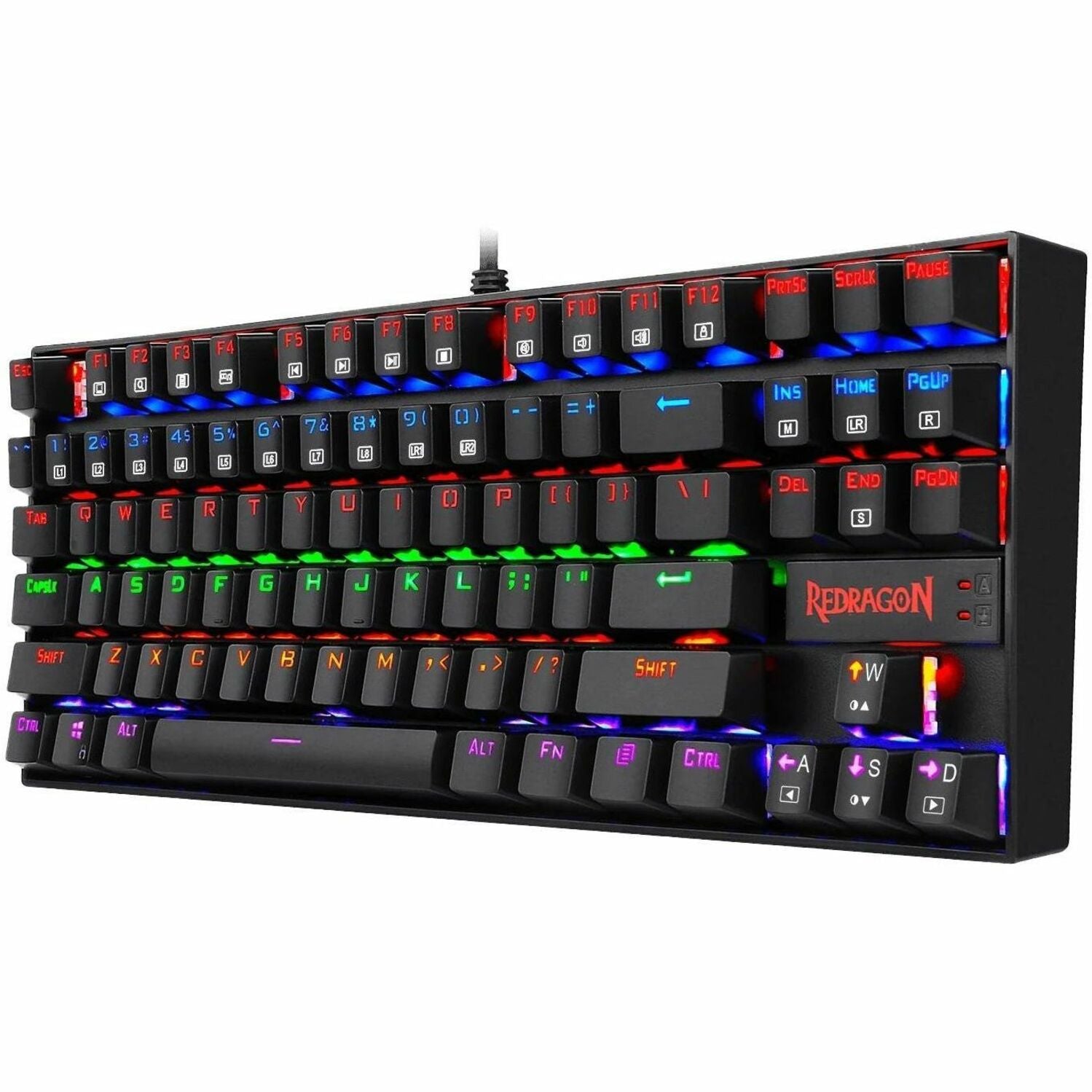 Redragon K552-R mechanical gaming keyboard with RGB backlighting displaying vibrant multicolor illumination across black keycaps-alternate-image1