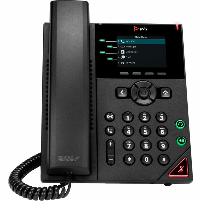 Front view of Poly VVX 250 IP phone showing color display menu interface and full keypad