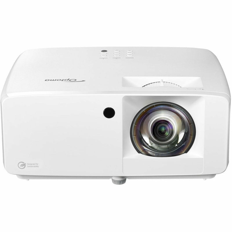 Front view of white Optoma UHZ35ST laser projector showing lens and control buttons