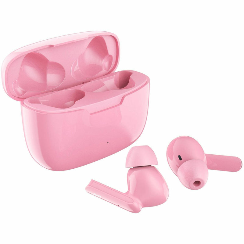 Pink JVC Gumy Mini wireless earbuds with charging case showing earbuds and case interior