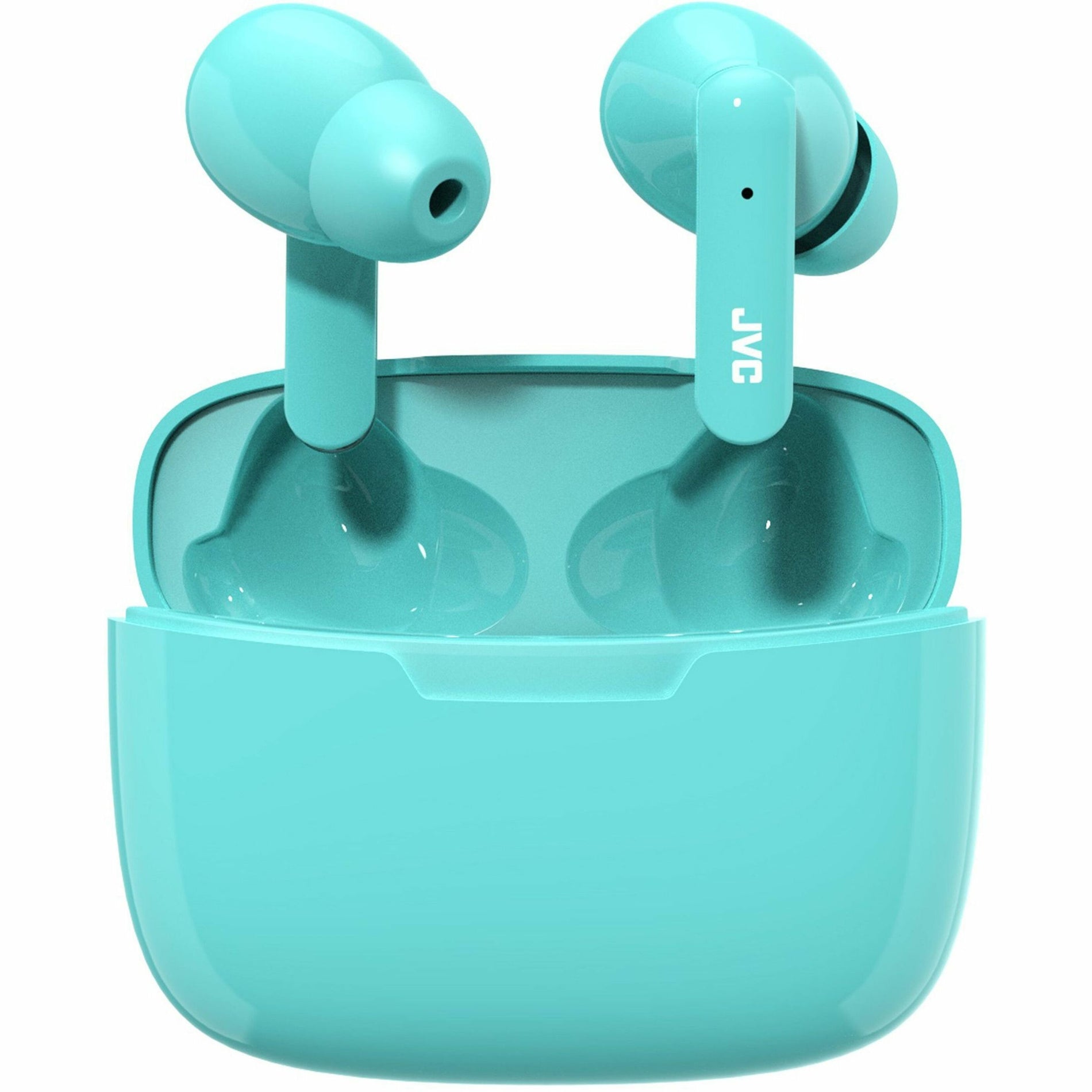 JVC Gumy Mini earbuds positioned in open charging case showing magnetic alignment-alternate-image3