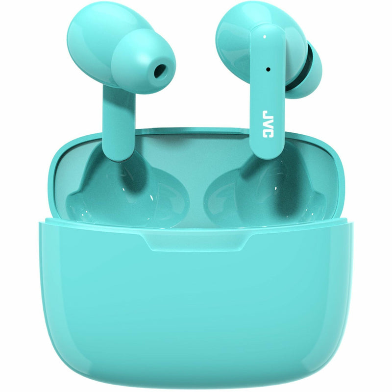 JVC Gumy Mini earbuds positioned in open charging case showing magnetic alignment