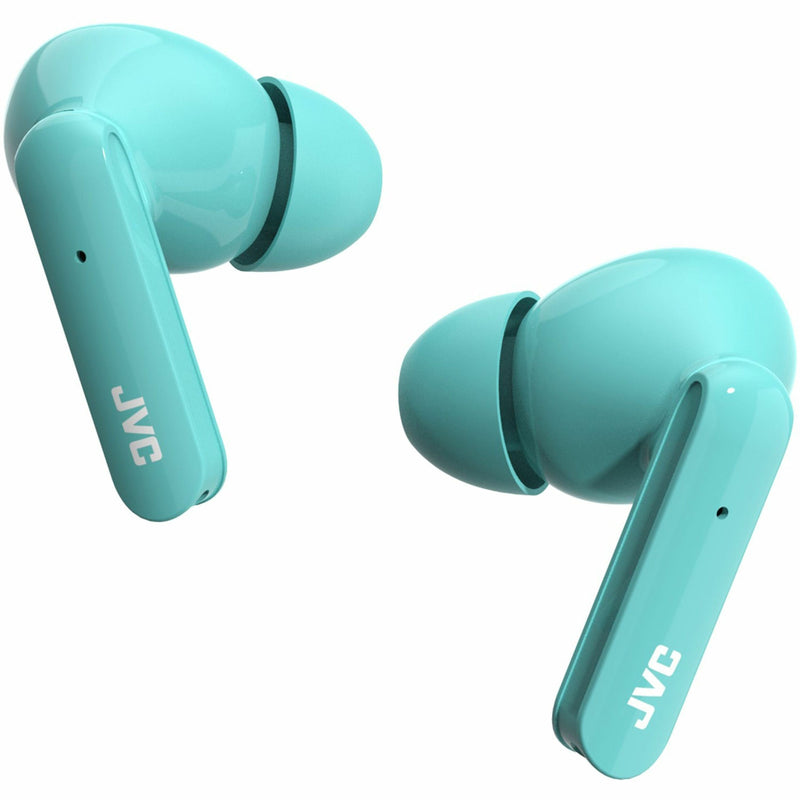 Close-up view of JVC Gumy Mini wireless earbuds showing ergonomic design