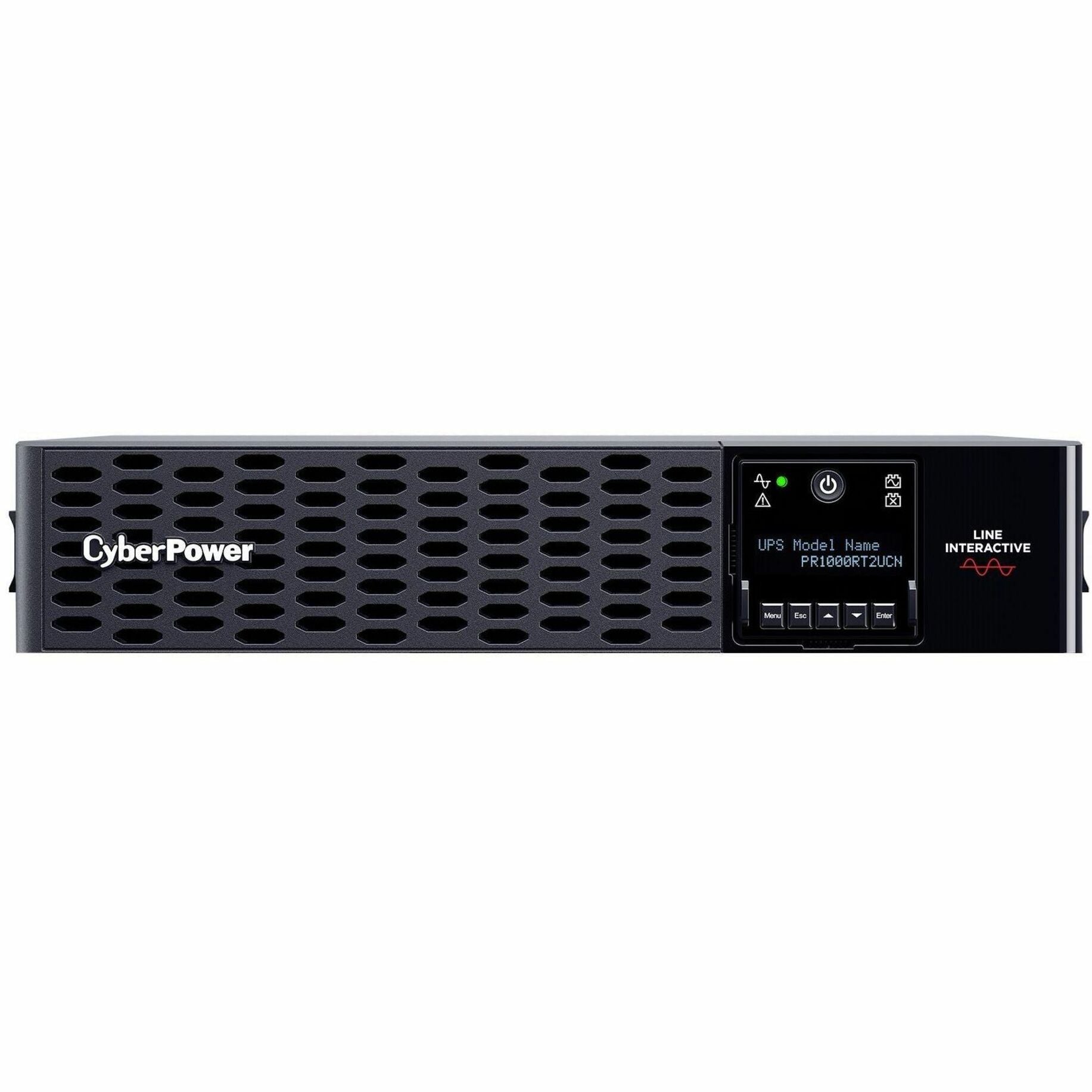 Front view of CyberPower PR1000RT2UCN UPS in rack mount configuration showing LCD display and ventilation-alternate-image1