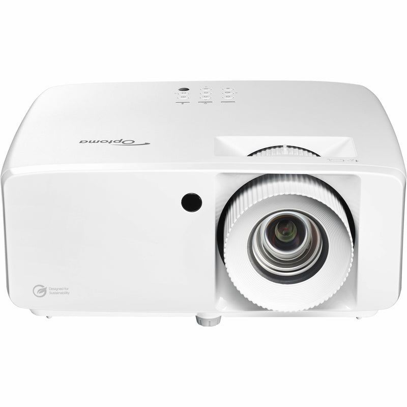 Front view of white Optoma UHZ66 4K UHD laser projector showing lens and control panel