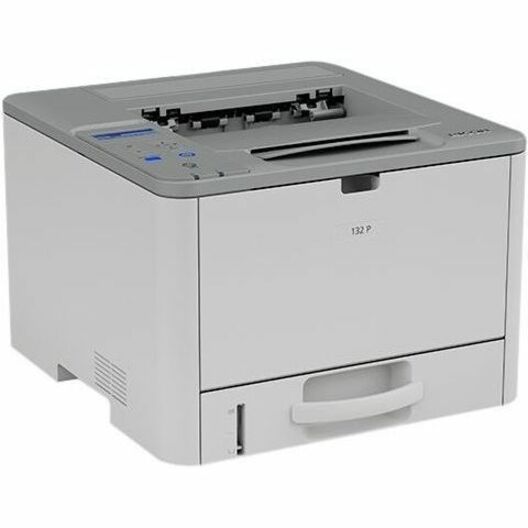 Angled view of Ricoh 132p printer showing control panel and compact design