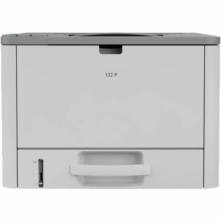 Front view of Ricoh 132p printer highlighting paper tray and minimal design