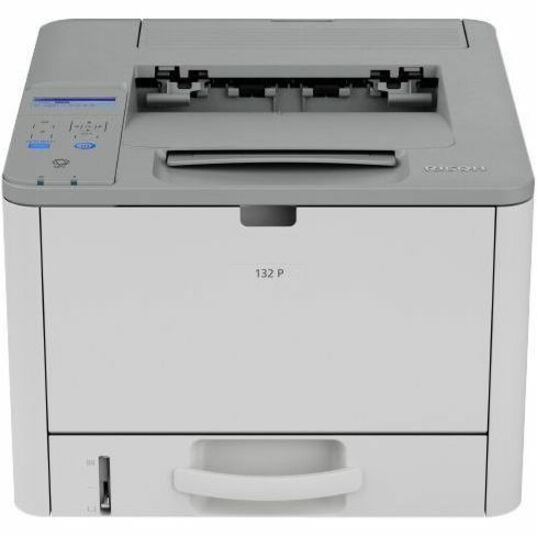 Front view of Ricoh 132p monochrome laser printer showing control panel and paper output tray