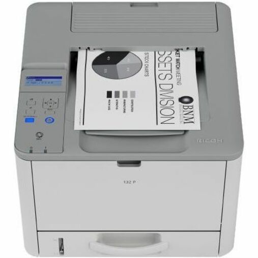 Top view of Ricoh 132p printer with sample printout