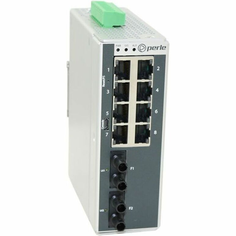 Front view of Perle IDS-710-T2MD05-XT industrial Ethernet switch showing 8 RJ-45 ports, 2 SFP slots, status LEDs, and green power terminal block