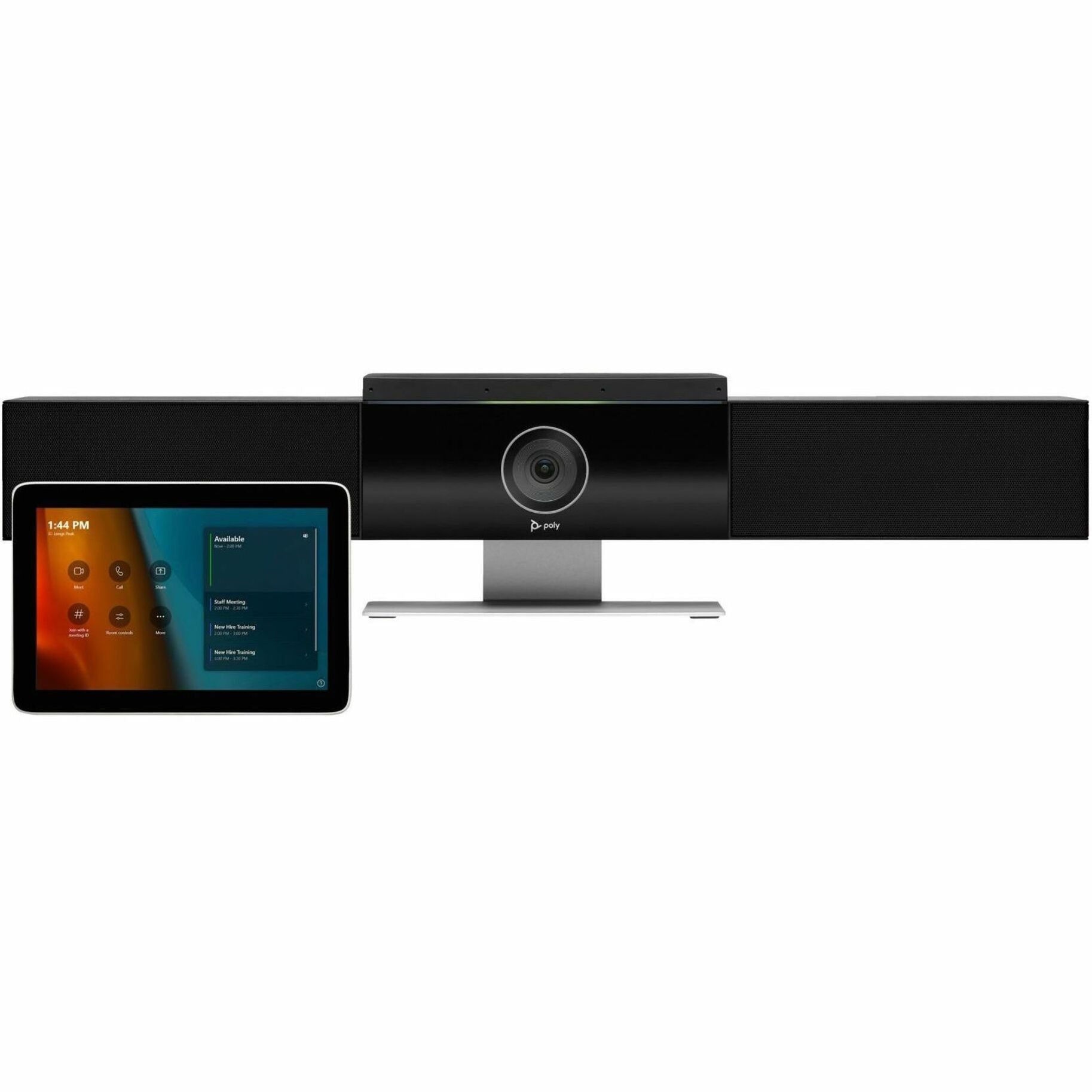 Poly Studio video conference system showing a black soundbar-style camera unit with integrated speakers and a separate touch control display showing the Microsoft Teams interface-alternate-image1