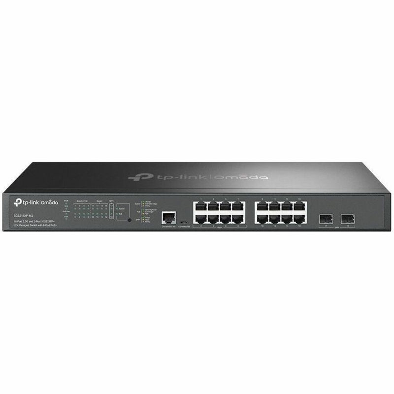 Angled view of TP-Link Omada SG3218XPM2 switch showing port arrangement and management interface