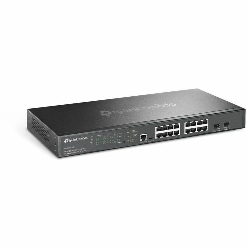 Front view of TP-Link Omada SG3218XPM2 switch displaying ports, LED indicators, and management interface