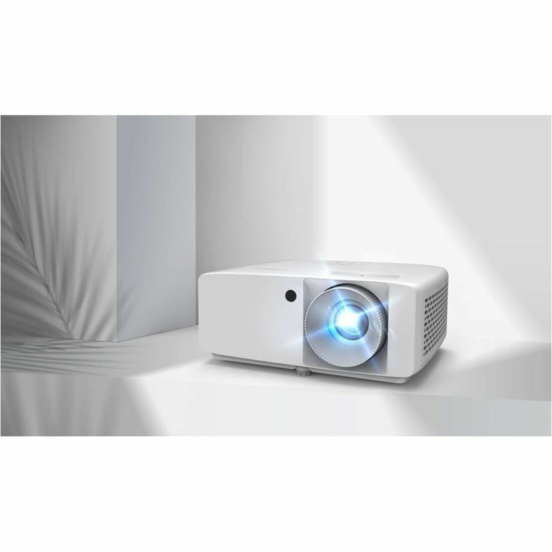 Lifestyle shot of Optoma HZ40HDR projector in operation showing blue laser light