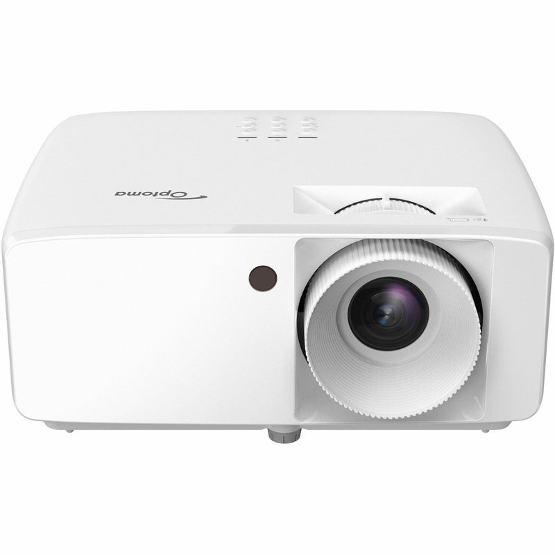 Front view of white Optoma HZ40HDR laser projector showing lens and ventilation design