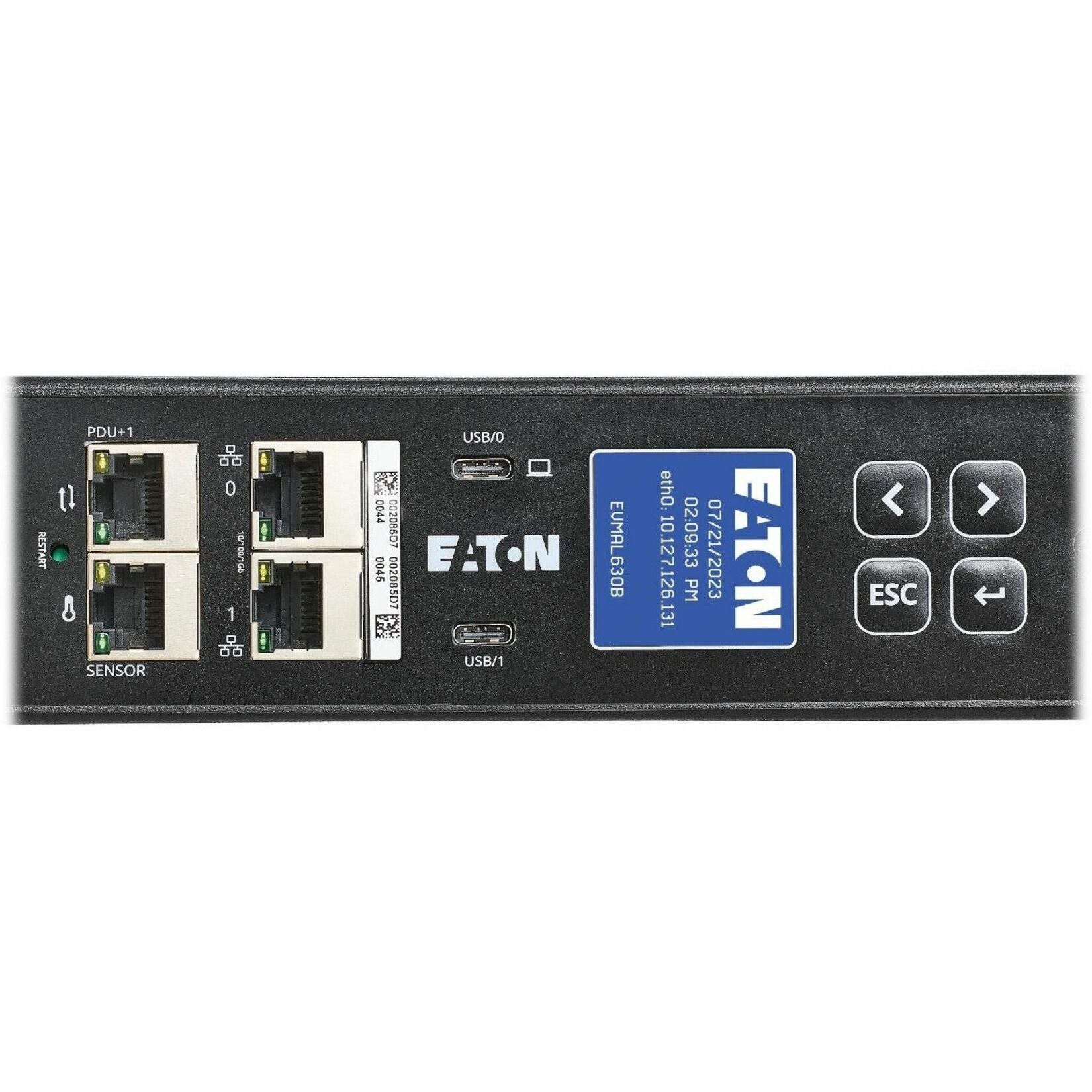 Close-up of Eaton EVMAL630B PDU management interface showing display and connectivity options-alternate-image5