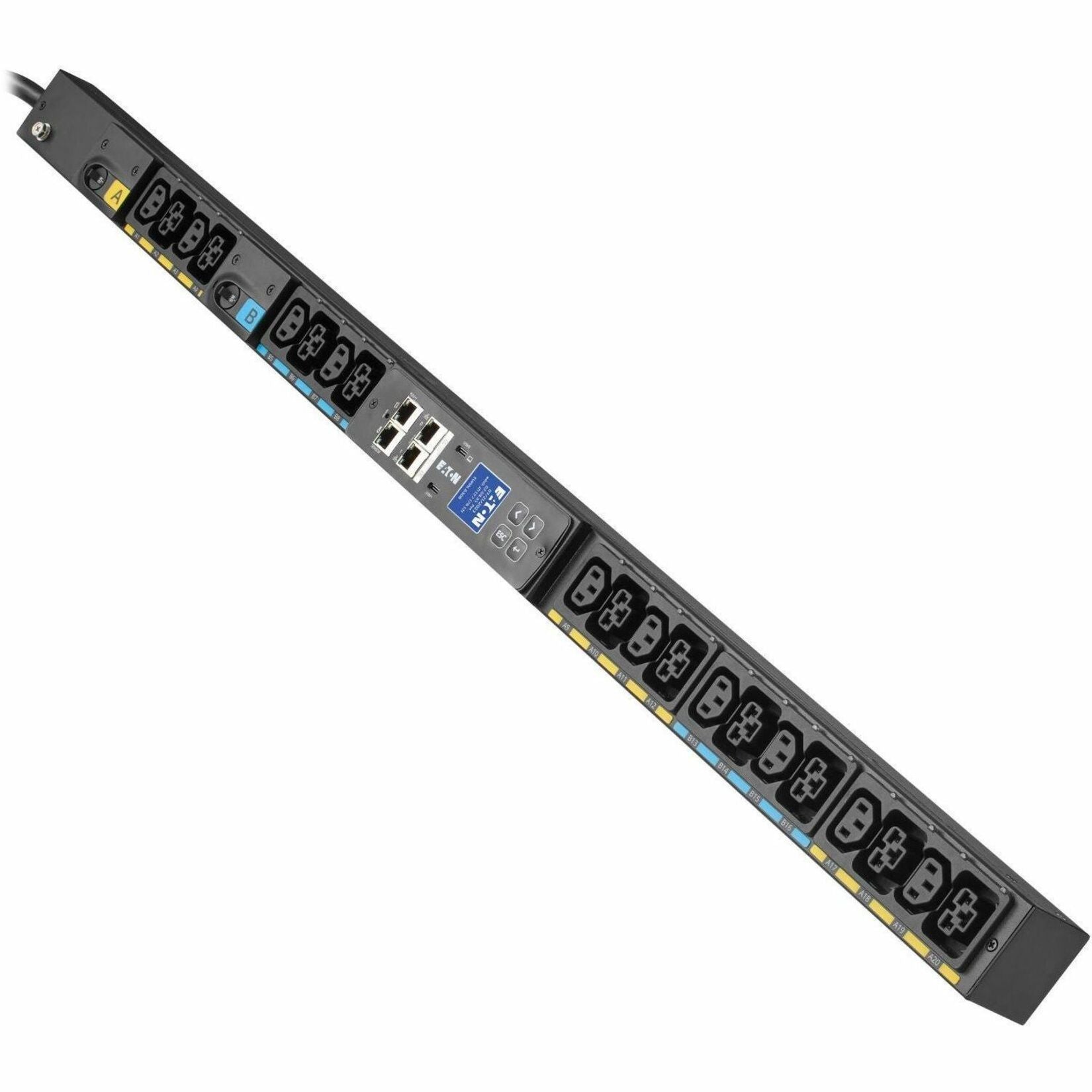 Front view of Eaton EVMAL630B PDU showing 20 outlets arranged in color-coded banks with network management interface-alternate-image1