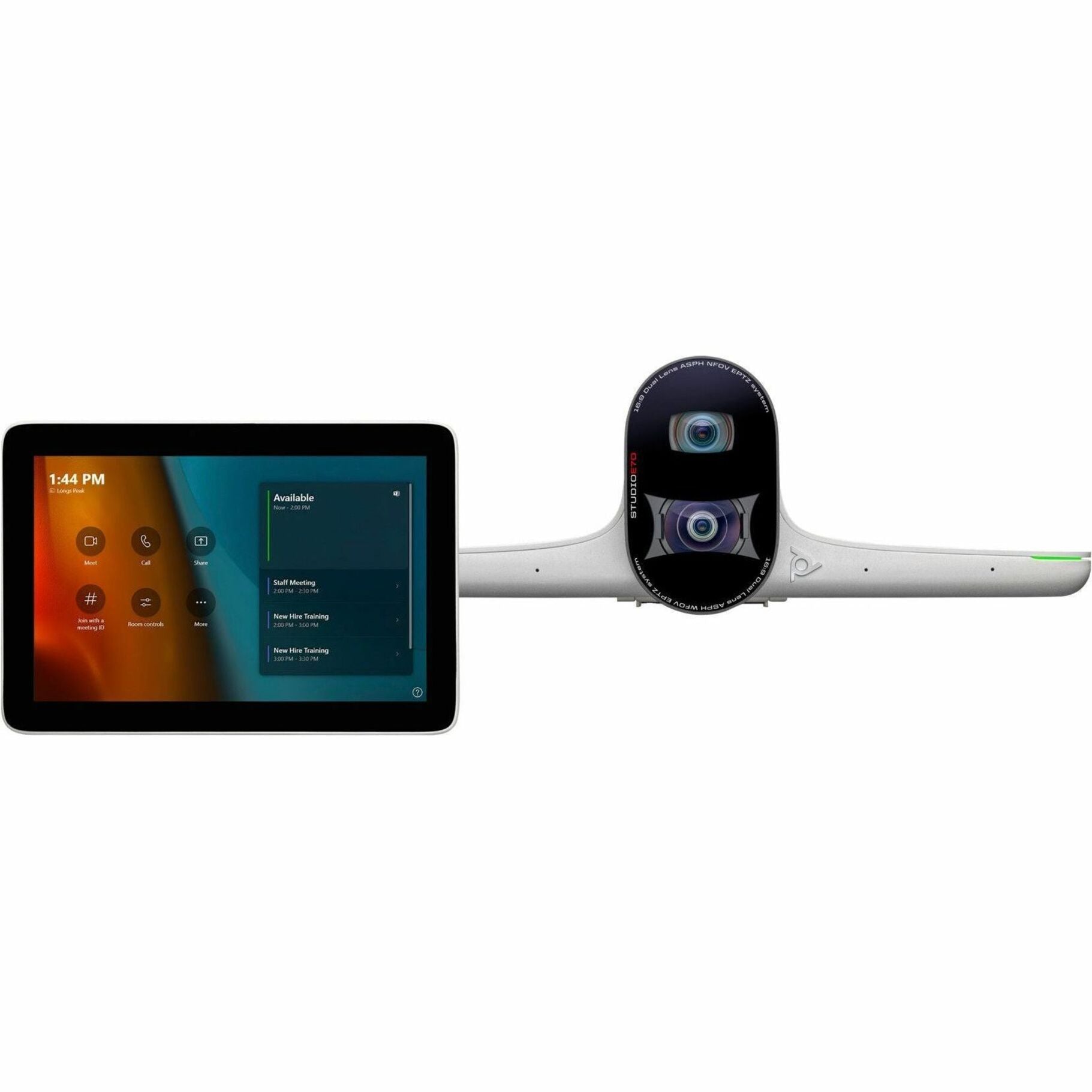 Poly Studio video conferencing system showing dual-lens camera bar and touch controller interface displaying Microsoft Teams meeting controls-alternate-image1