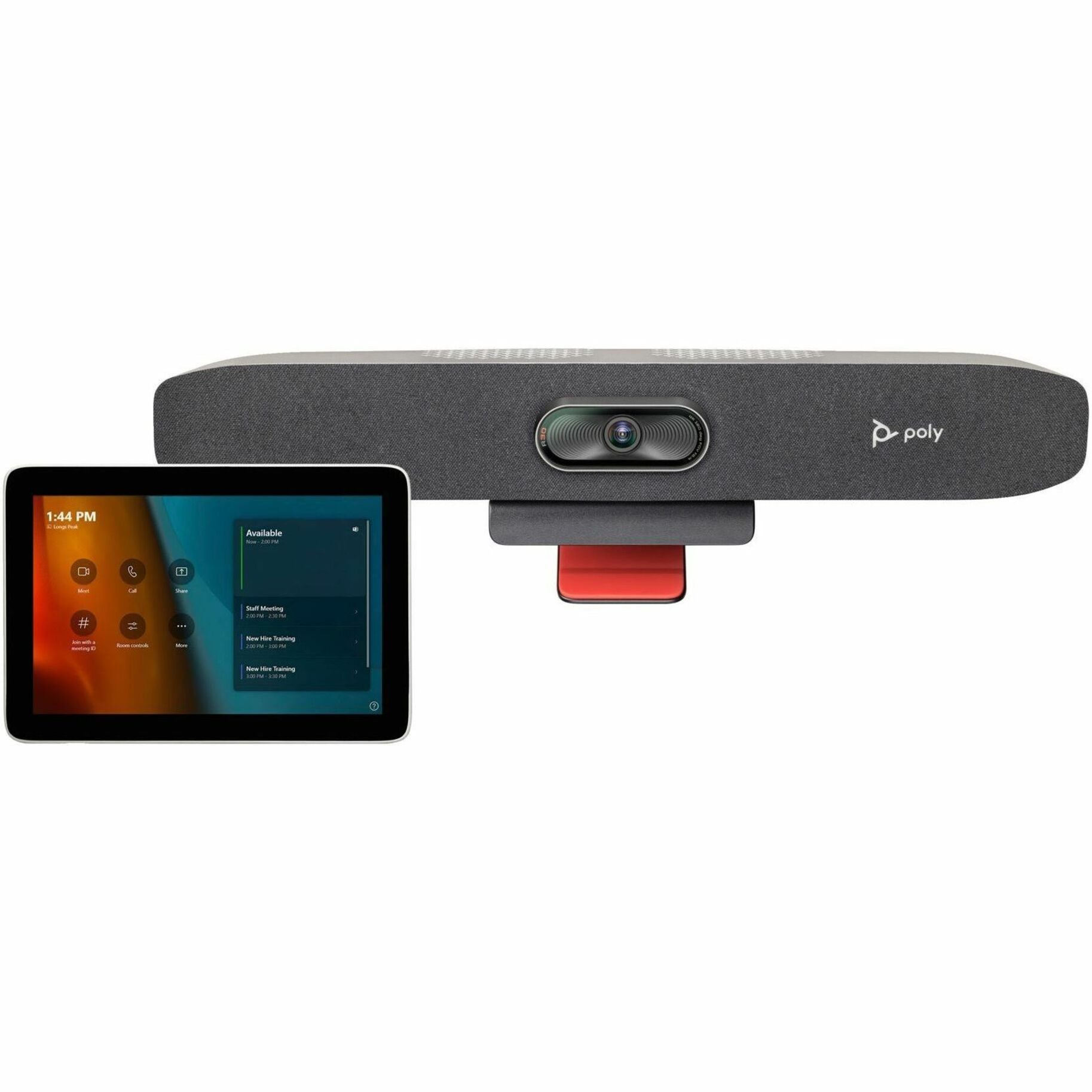 Poly Studio video conferencing system showing integrated video bar with camera and touch control tablet interface-alternate-image1