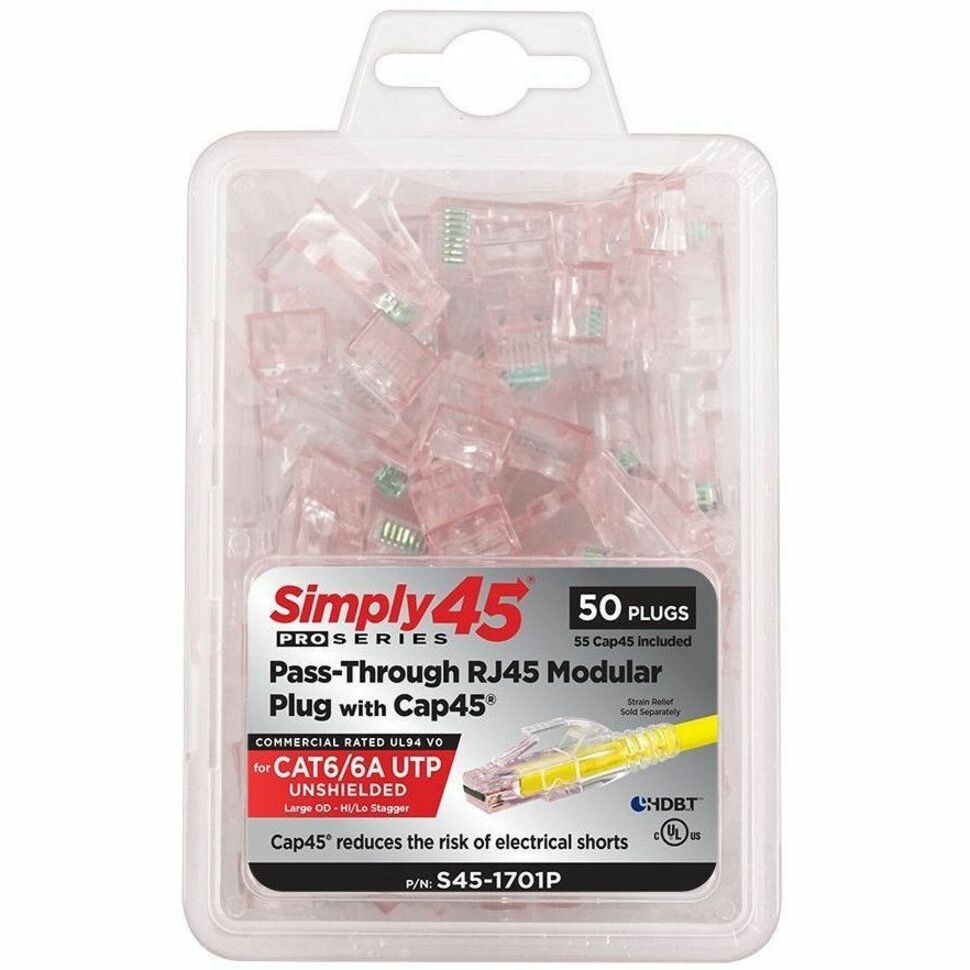 Simply45 ProSeries 50-pack RJ45 connectors in clear clamshell packaging with red-tinted plugs-alternate-image1