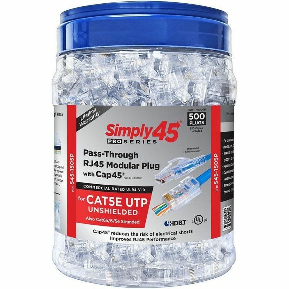 Simply45 ProSeries Pass-Through RJ45 modular plugs with Cap45 in 500-count jar container-alternate-image1