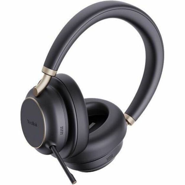 Yealink BH76 Plus Bluetooth headset in black with gold accents showing front view with microphone boom-alternate-image1