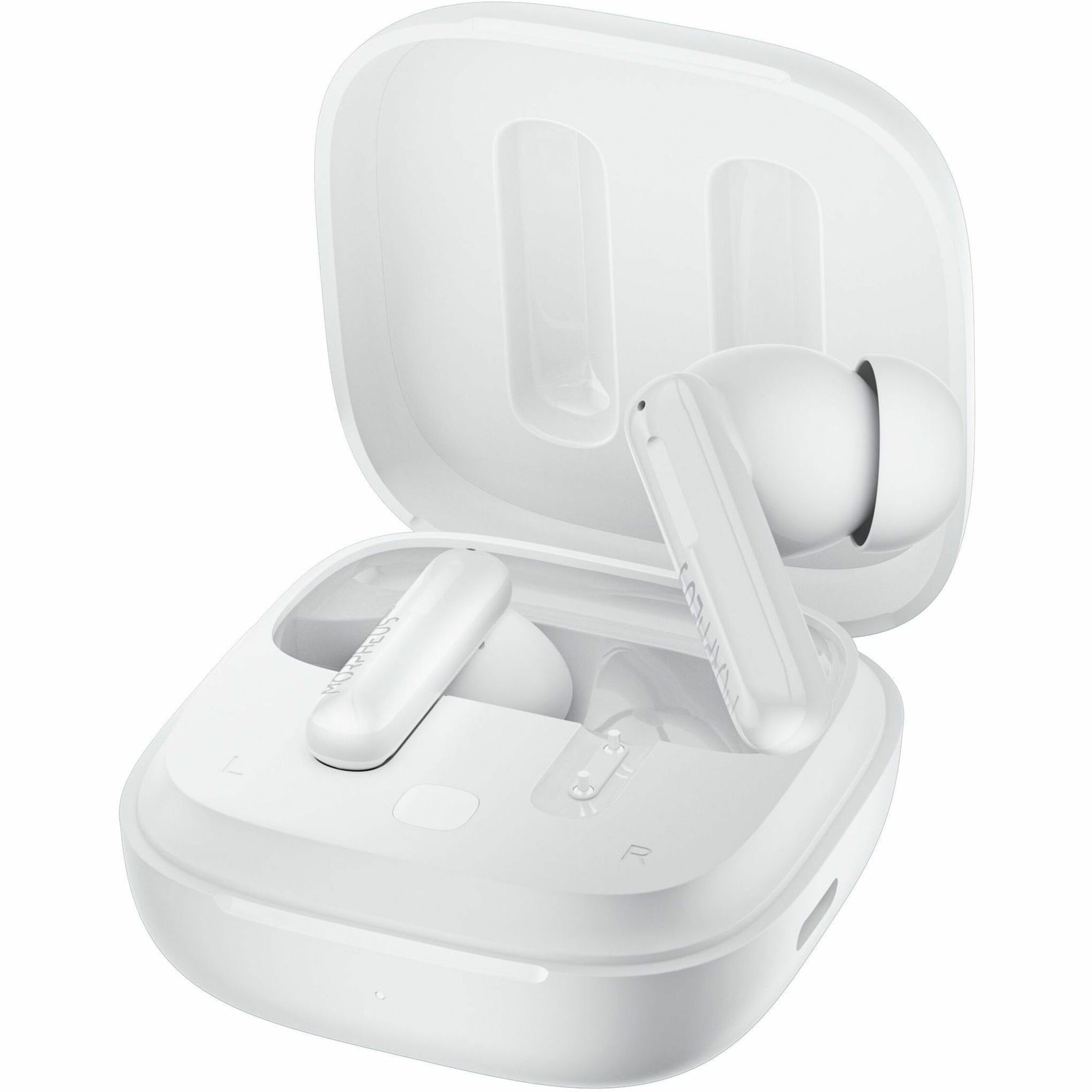 Open white charging case showing Morpheus earbuds in charging position-alternate-image2