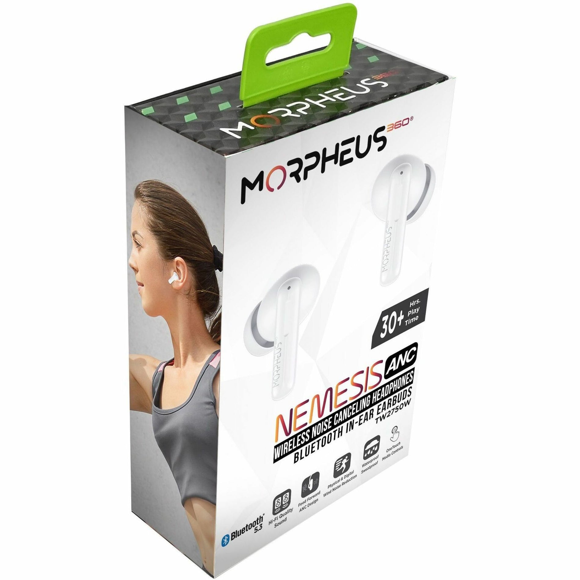 Retail packaging of Morpheus 360 NEMESIS wireless earbuds showing product features and contents-alternate-image4