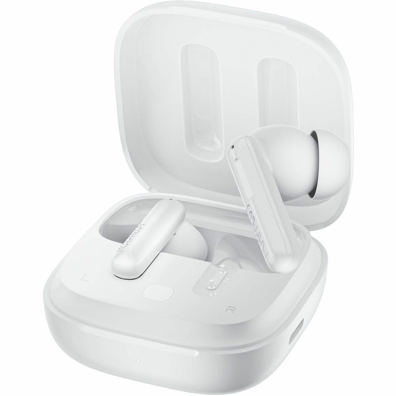 Open white charging case showing Morpheus earbuds in charging position