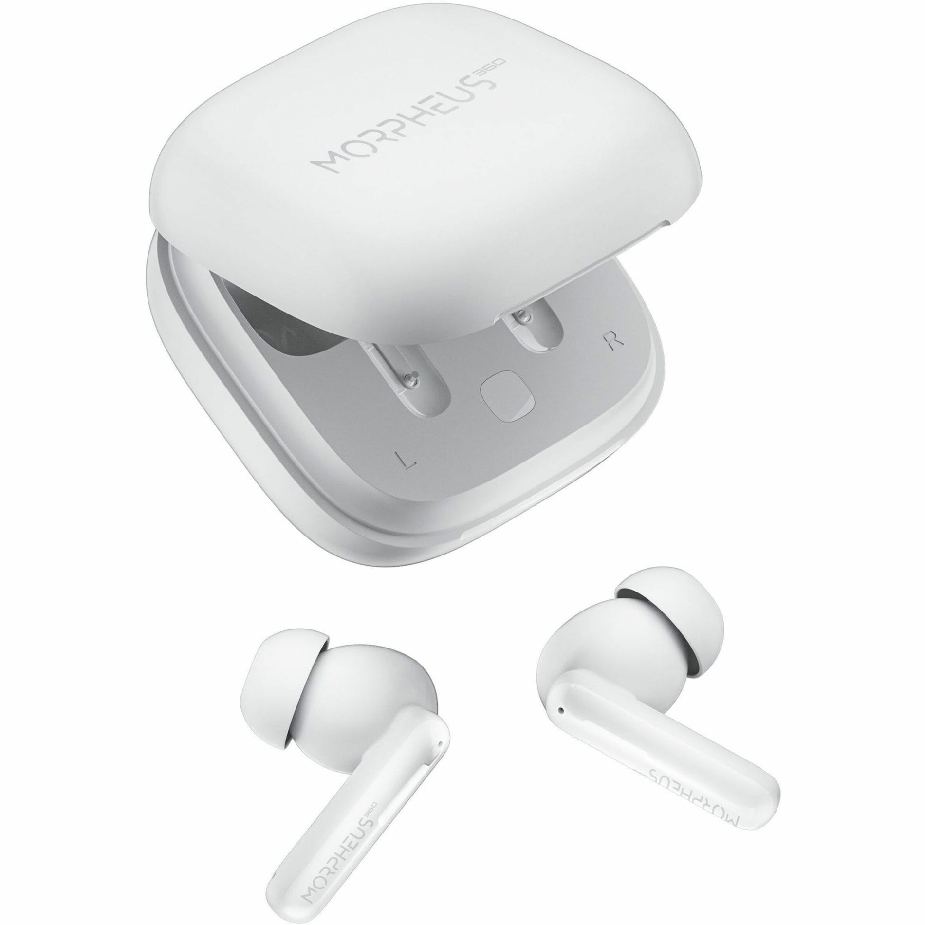 White Morpheus 360 NEMESIS wireless earbuds with charging case in aerial view-alternate-image1