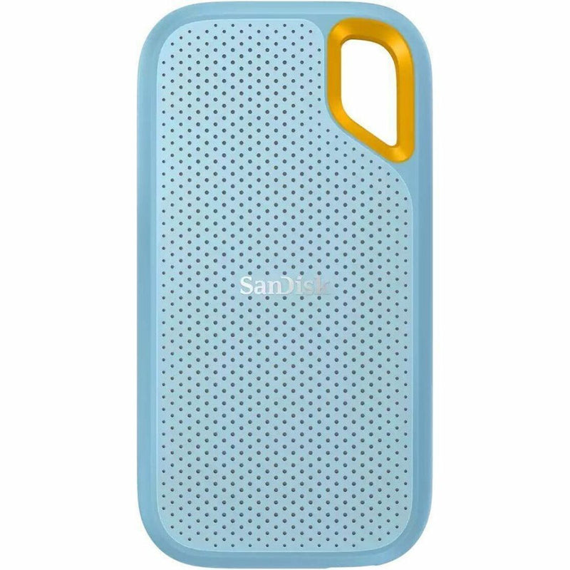 SanDisk Extreme V2 portable SSD in sky blue with perforated texture and yellow carabiner loop