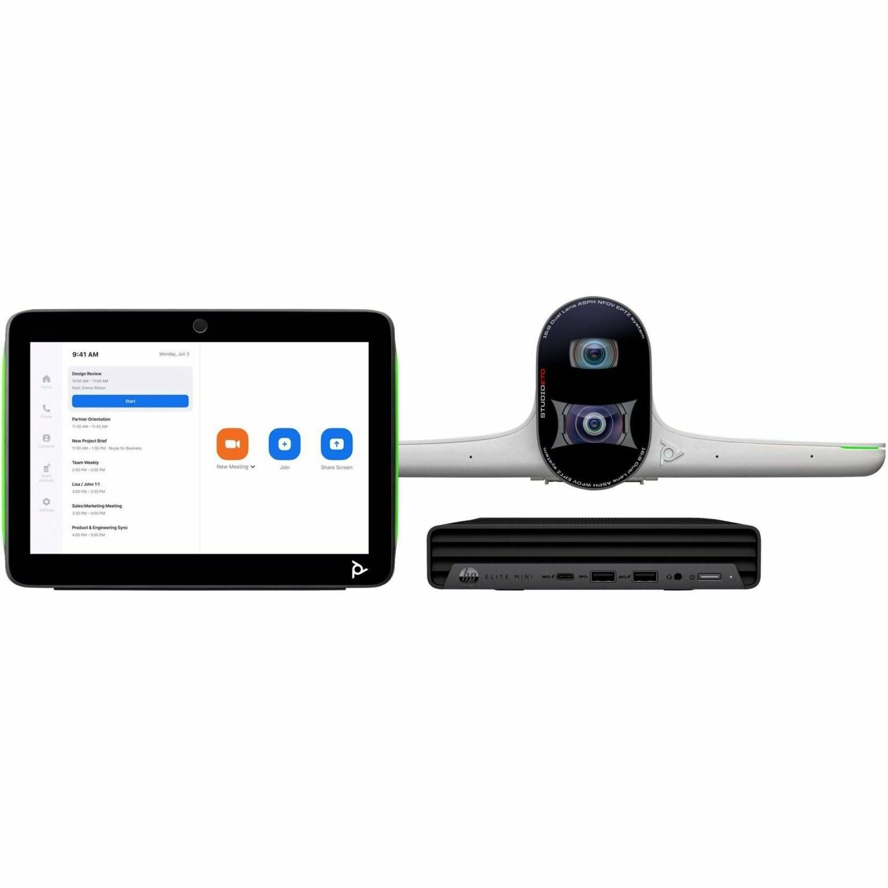 Poly HP Studio video conferencing system showing touch controller tablet, dual-lens camera bar, and mini computing unit in white and black finish-alternate-image1