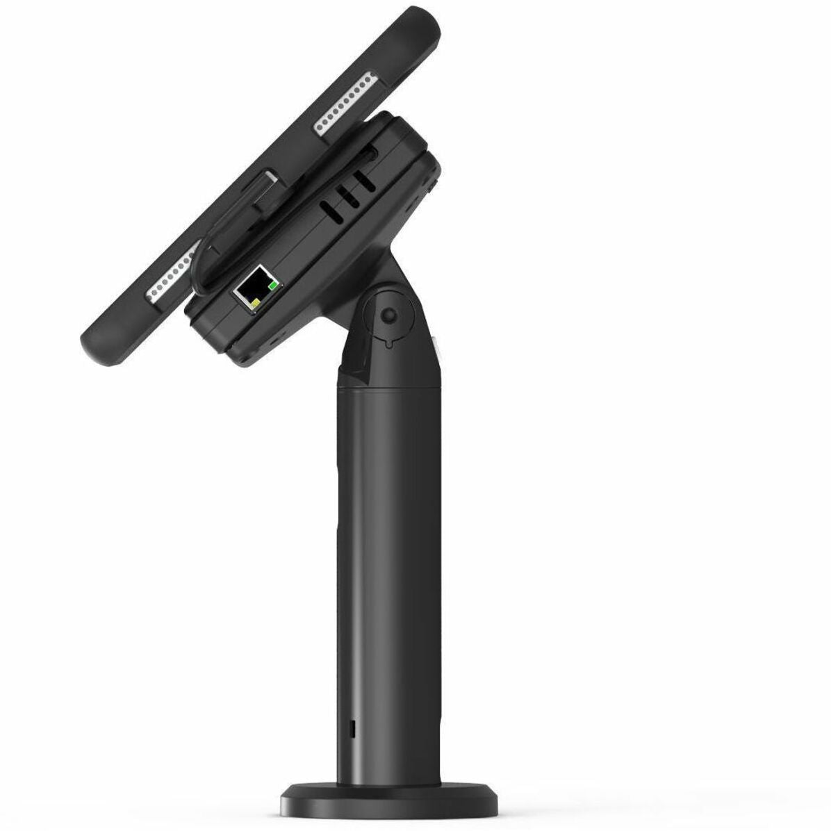 Side view of black aluminum tablet stand with integrated connectivity hub and tilting mechanism-alternate-image1