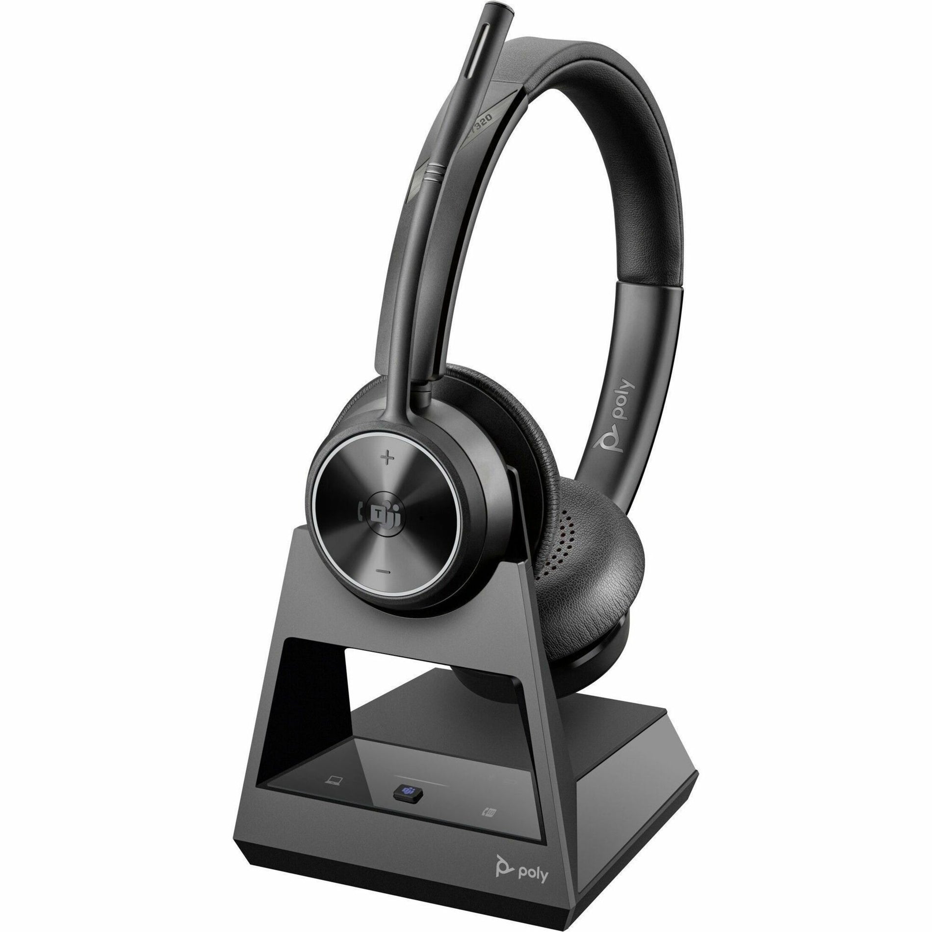 Poly Savi 7320 UC stereo wireless headset with noise-canceling microphone shown on its charging stand, featuring premium black design with silver accents-alternate-image1