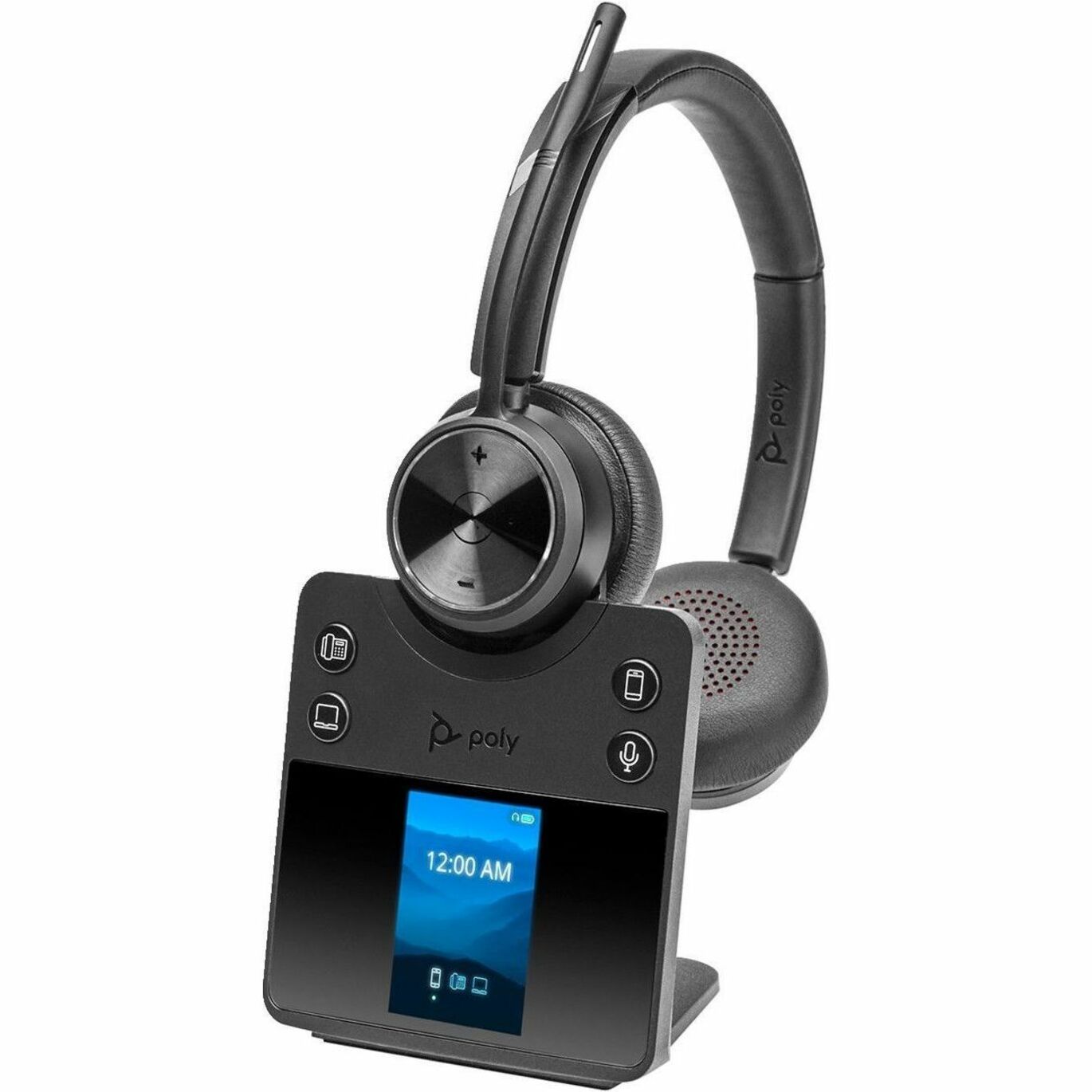 Poly Savi 7420 Office headset with color display base showing time and device connectivity status-alternate-image1