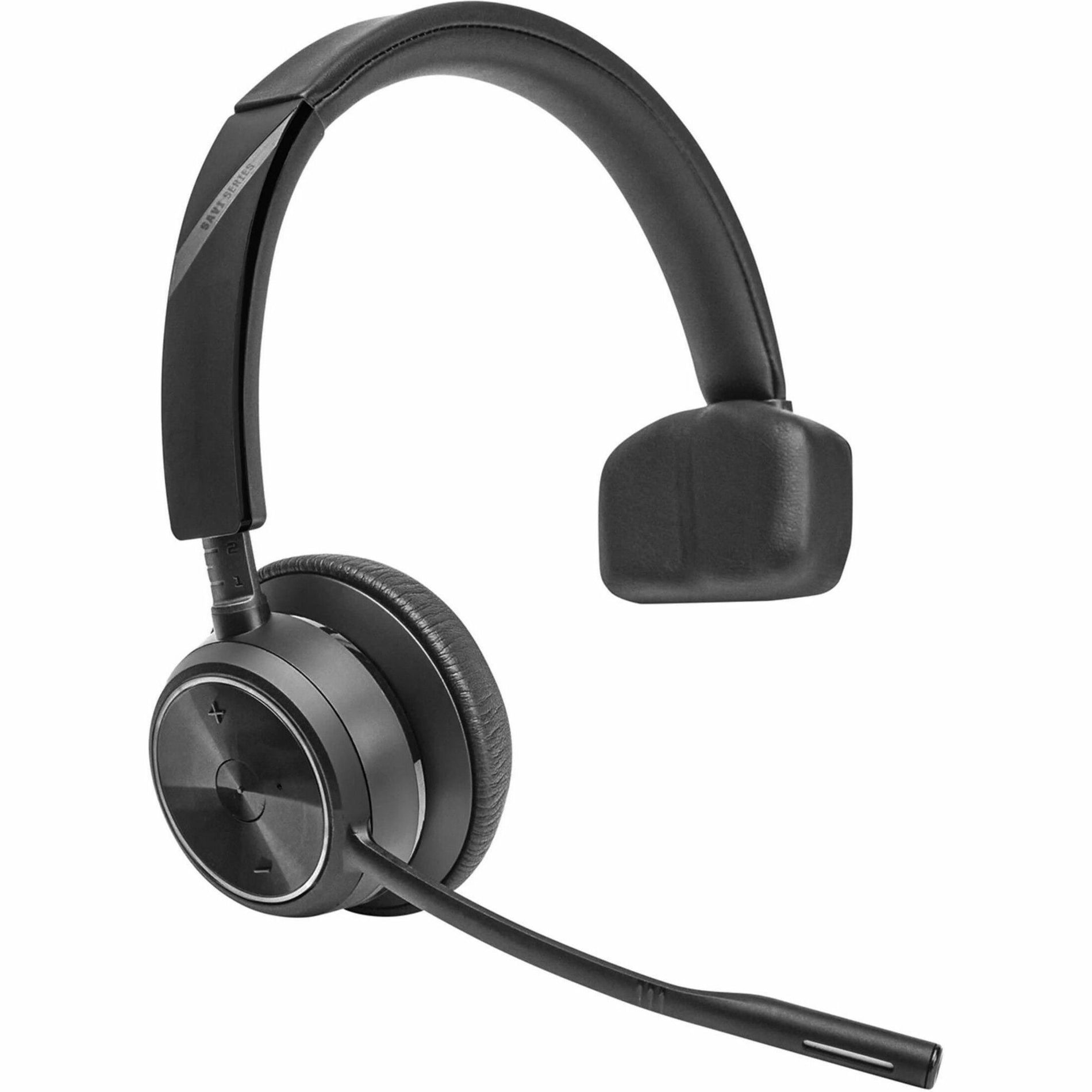 Side view of Poly Savi 7410 Office monaural headset showing noise-canceling boom microphone and over-head design-alternate-image2