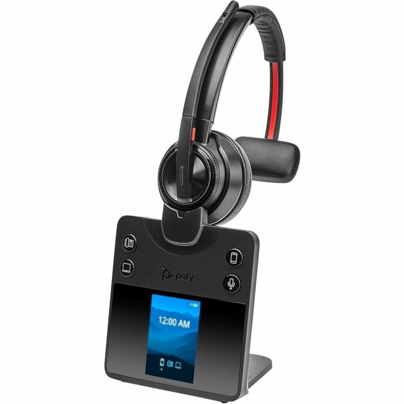 Poly Savi 8410 Office headset mounted on charging base station with LCD display screen and multi-device connectivity controls-alternate-image2