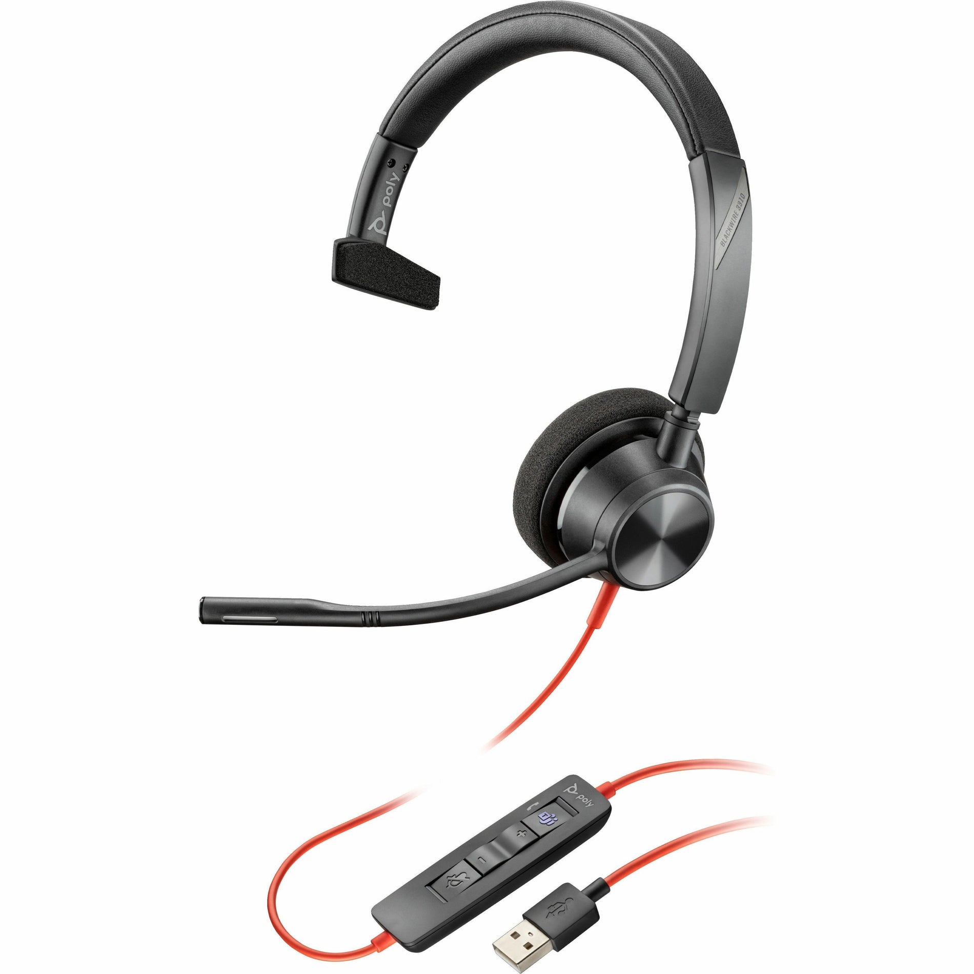 Poly Blackwire 3310 monaural USB headset with flexible boom microphone and inline controls, shown in black with red USB cable-alternate-image1