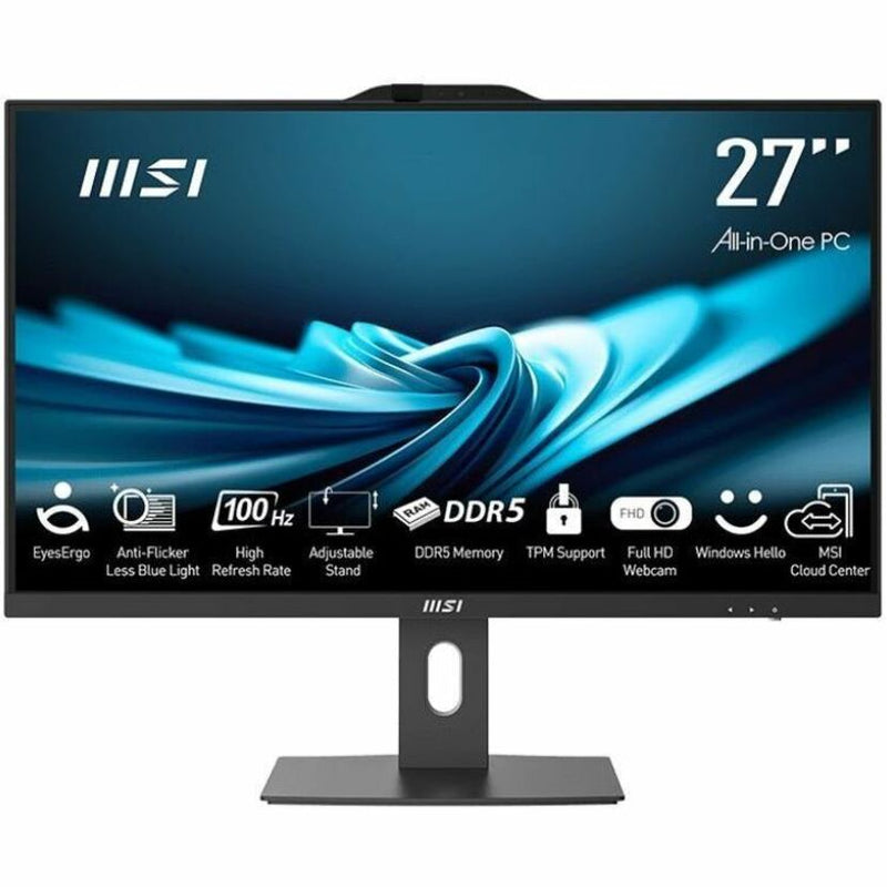 MSI PRO AP272P 27-inch all-in-one PC display showing feature icons including EyesErgo, Anti-Flicker, and DDR5 support