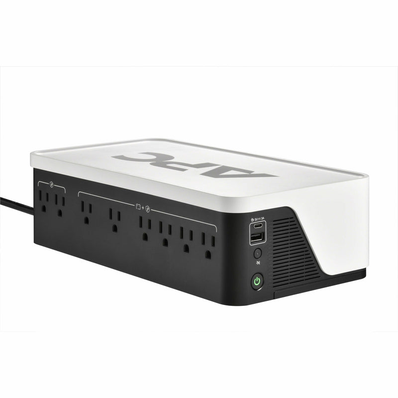 APC Back-UPS BE900G3 front view showing multiple power outlets, USB ports, and power button