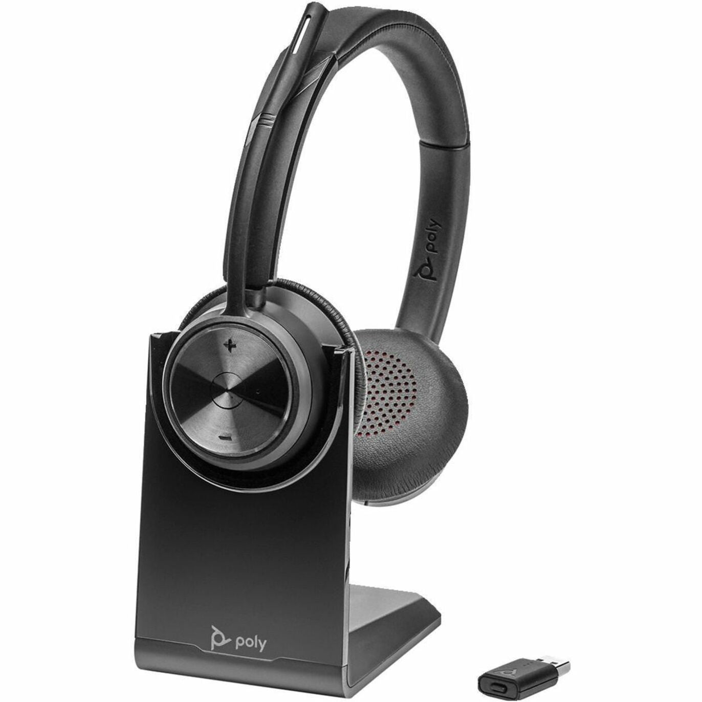 HP Poly wireless headset with charging stand and USB adapter showing front view of the device-alternate-image1